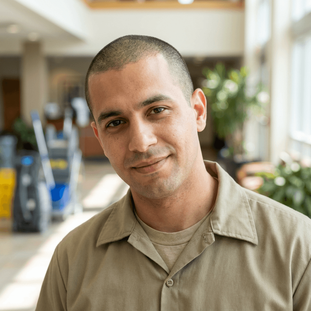 Male car detailer in his early 30s smiling in a detailing bay