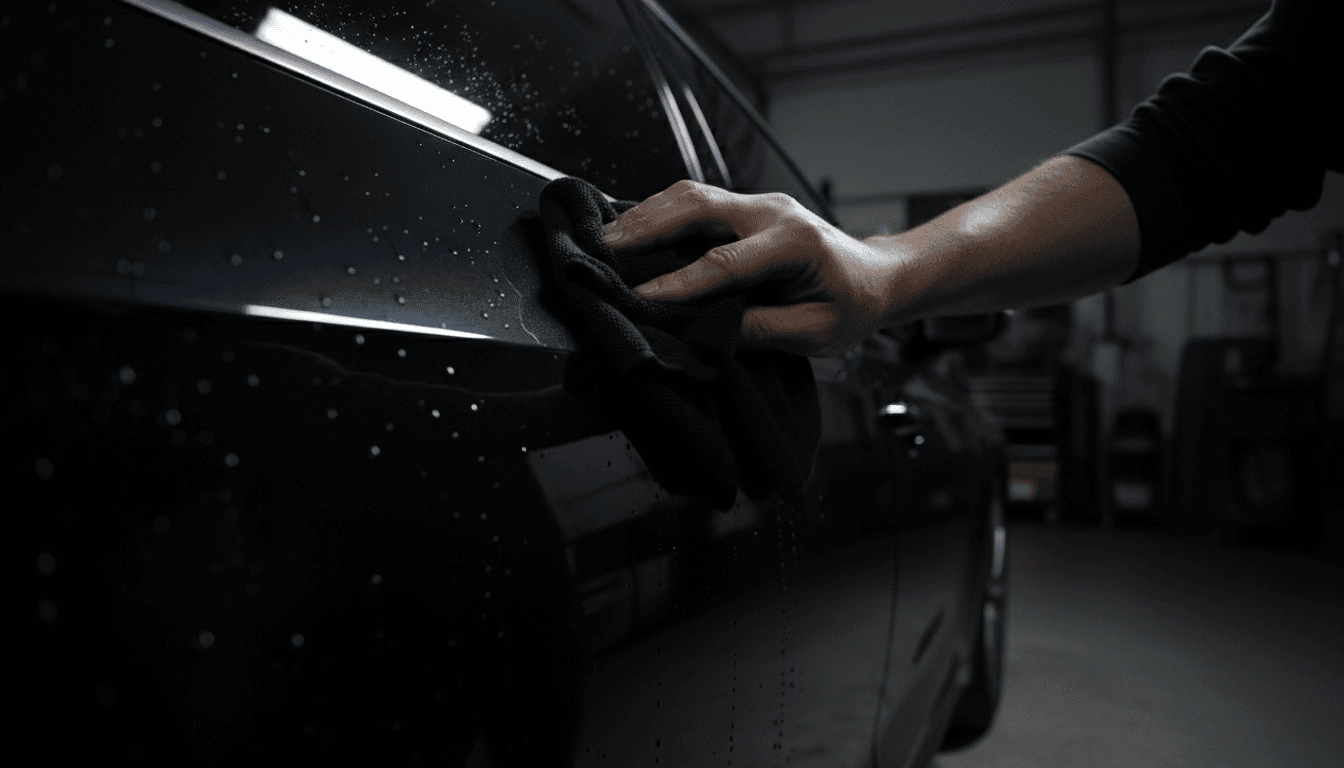 Hand polishing a car door with a microfiber cloth