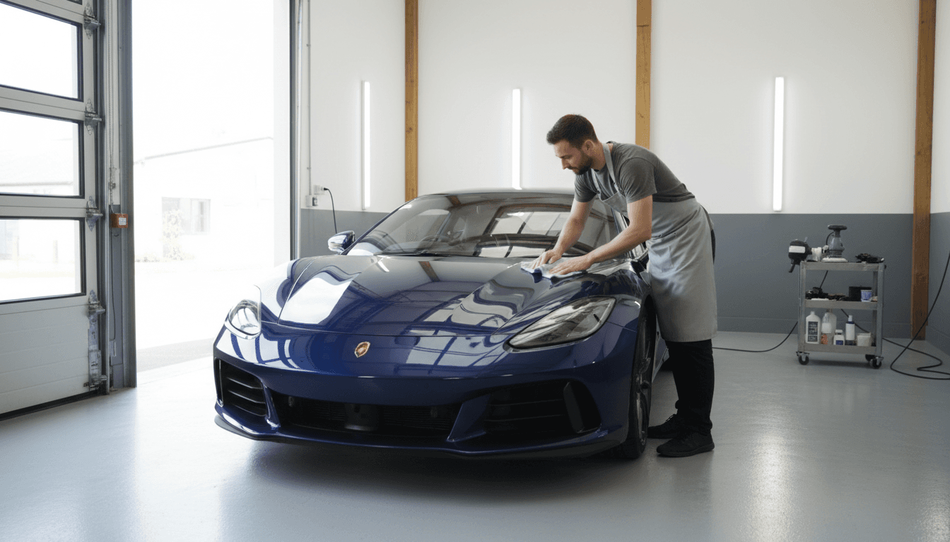 Detailer polishing a dark car hood with a microfiber cloth in a bright clean workshop