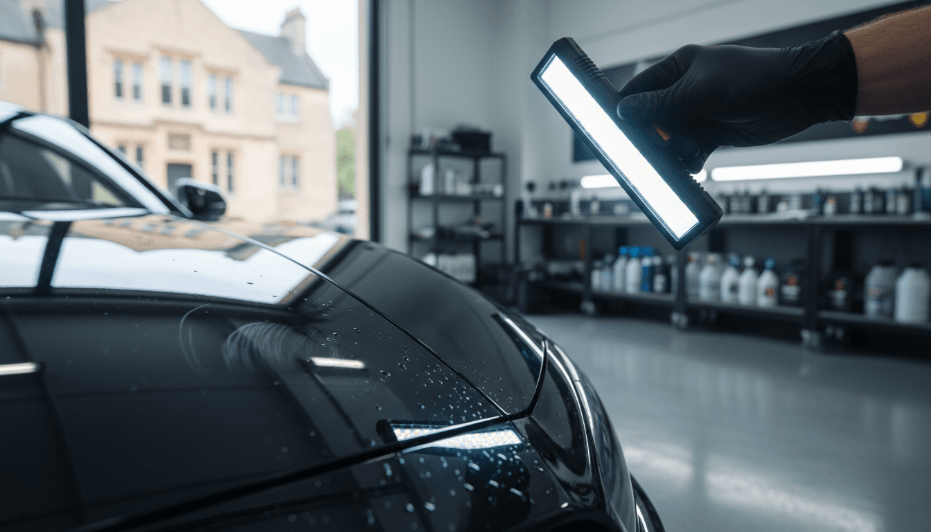 Detailer inspecting car paint with a light