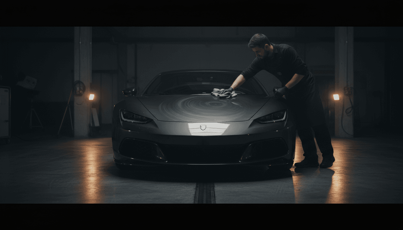 Professional car detailing in Bath, technician polishing a dark vehicle in a detailing bay