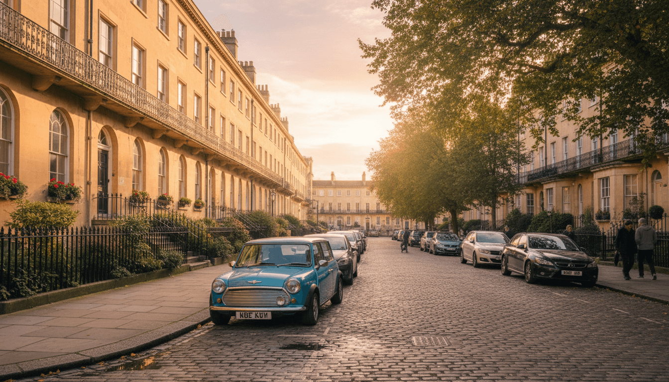 Small hatchback parked on a quiet Bath street