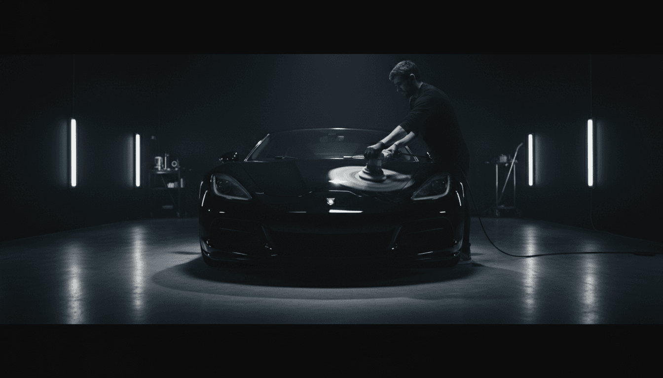 Close-up of a machine polisher on a glossy black car bonnet
