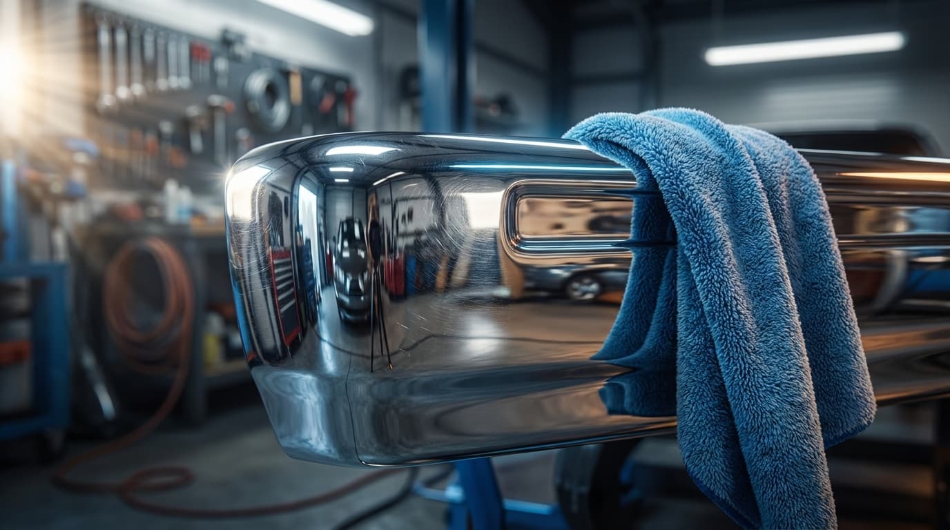 Hand polishing a dark blue car door with a microfiber cloth