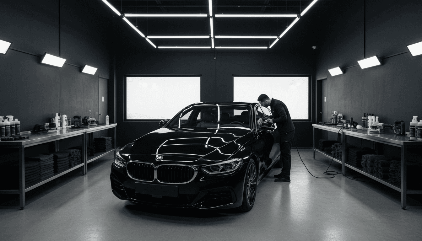 Detailer polishing the hood of a sedan in a bright Bath detailing studio