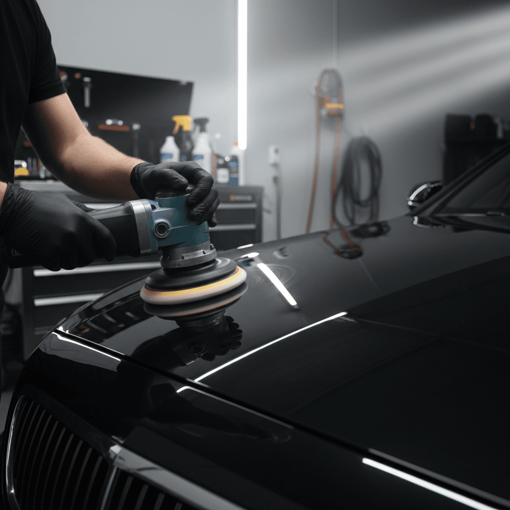 A clean black SUV in a car detailing bay