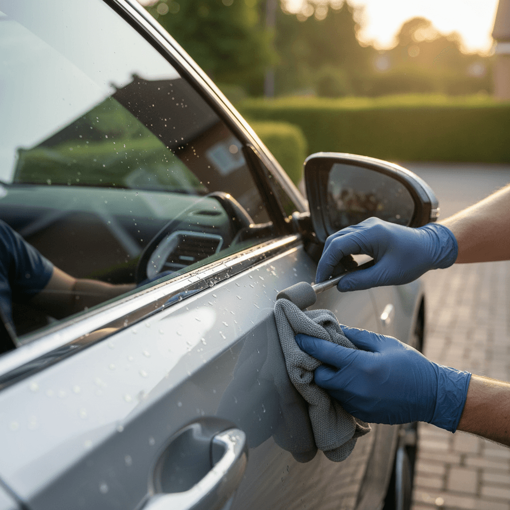 Rear view of a black compact car with the detailer's hand polishing the boot, showing a half-finished glossy finish against the matte side.