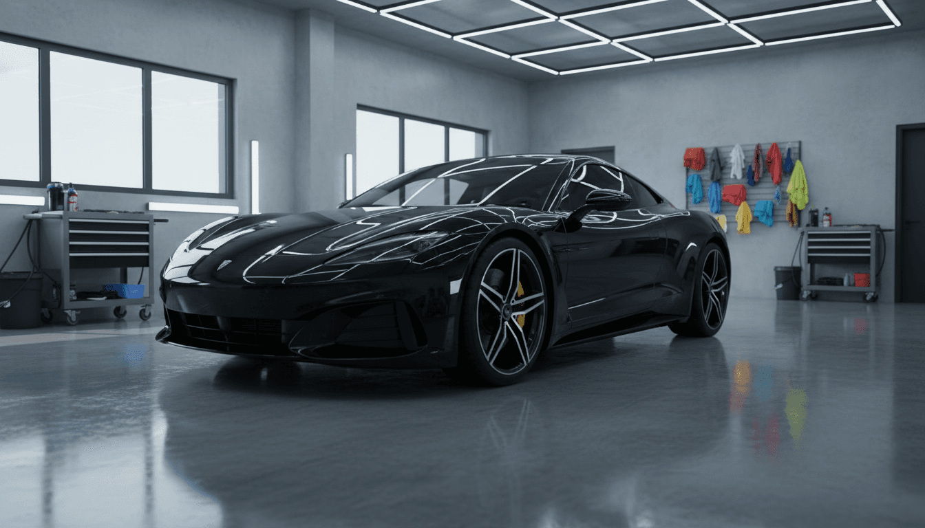 A freshly detailed car in a professional detailing bay
