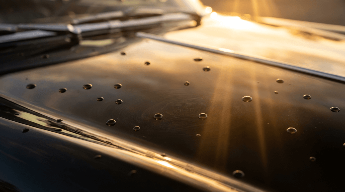 Close-up of a glossy black car door panel with light reflections and water beads after a detail