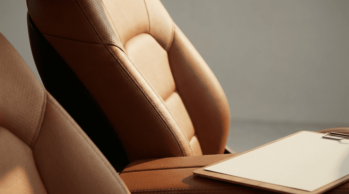 Close-up of a beige leather car seat, top section cleaned and conditioned, bottom section showing original wear and dirt.