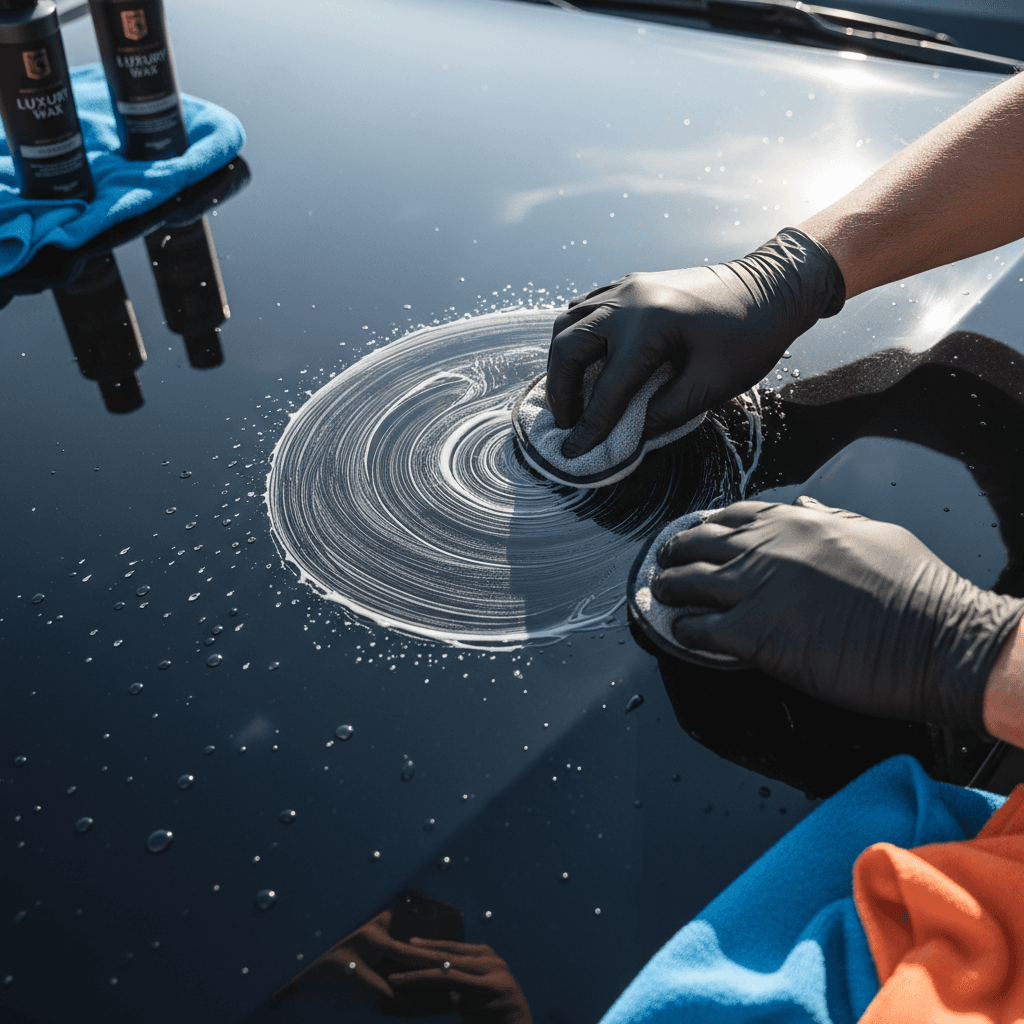 Hand polishing a glossy dark blue car hood in a workshop